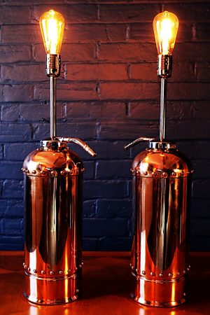 Upcycled recycled bespoke copper chrome fire extinguisher lamp light 1