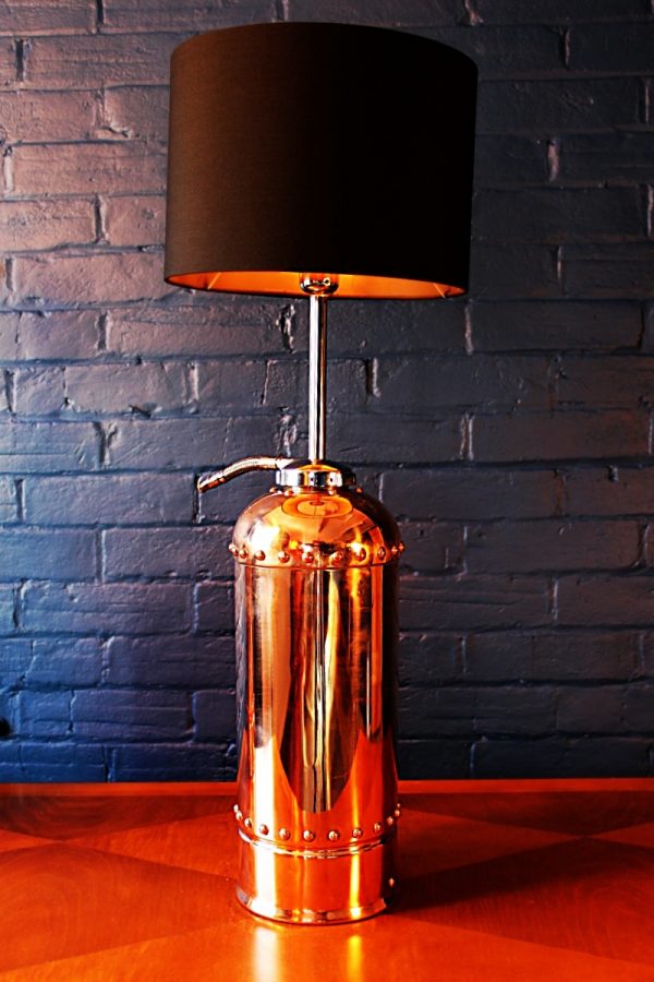 Upcycled recycled bespoke copper chrome fire extinguisher lamp light