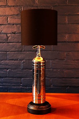 Upcycled recycled bespoke chrome fire extinguisher lamp light