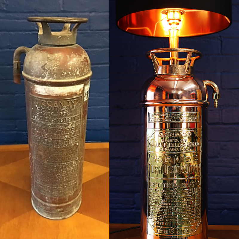Upcycled recycled copper brass fire extinguisher lamp lighting