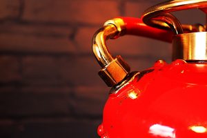 Upcycled recycled red brass fire extinguisher table lamp light 3