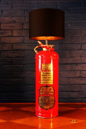 Upcycled recycled red brass fire extinguisher table lamp light