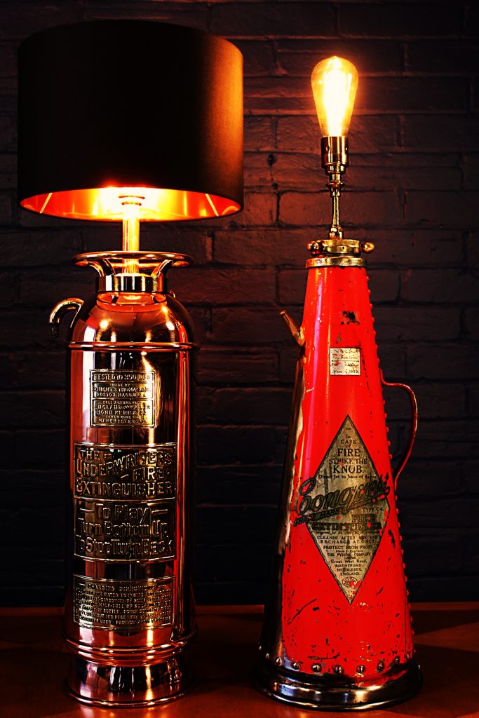 Upcycled recycled bespoke fire extinguisher table lamp light