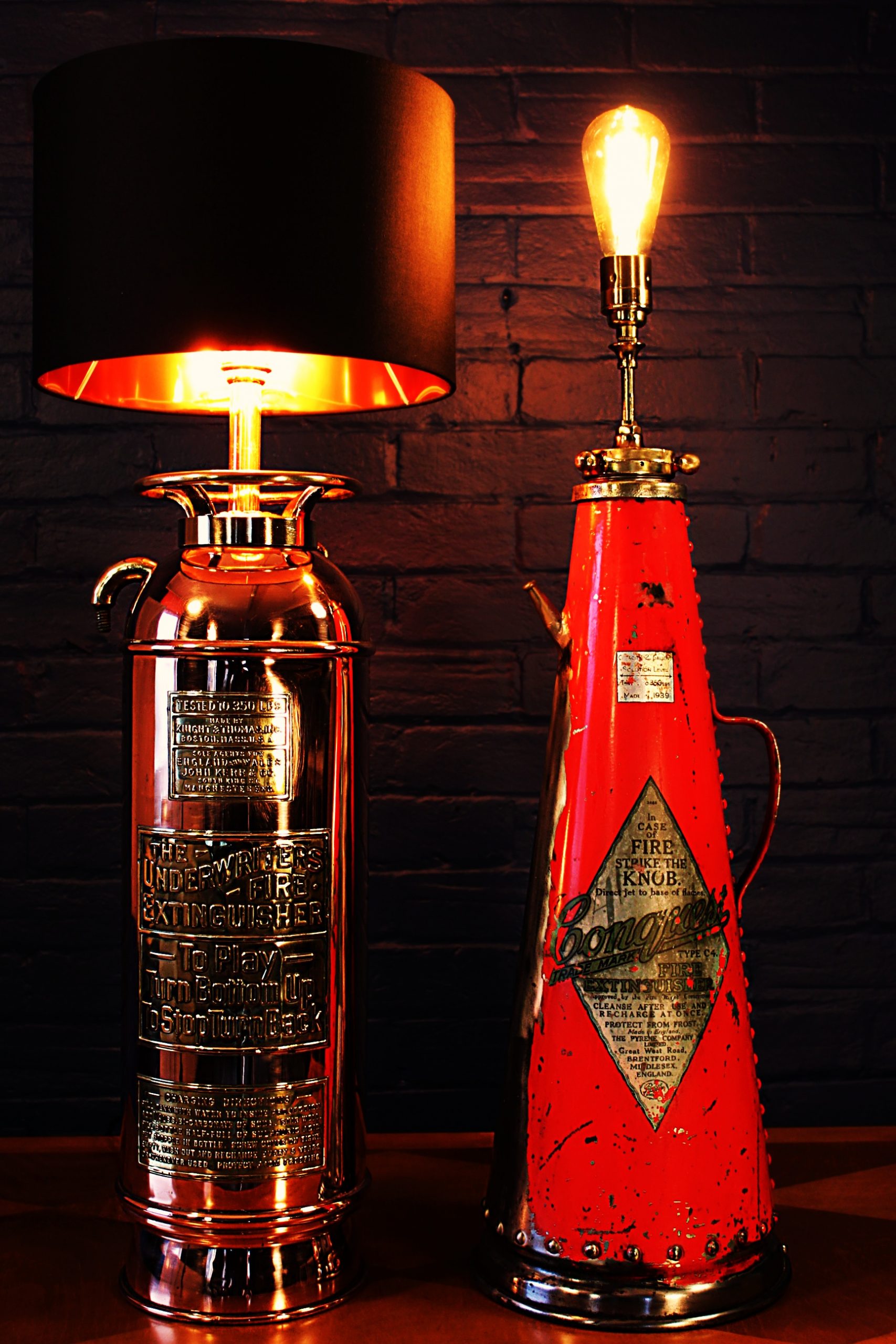 Upcycled recycled bespoke fire extinguisher table lamp light