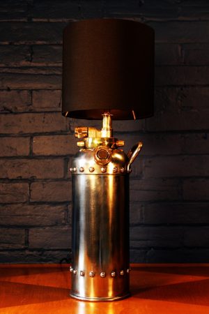 Steel and brass riveted fire extinguisher table lamp for sale