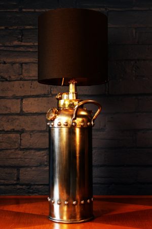 Steel and brass riveted fire extinguisher table lamp for sale 1
