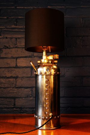 Steel and brass riveted fire extinguisher table lamp for sale 2