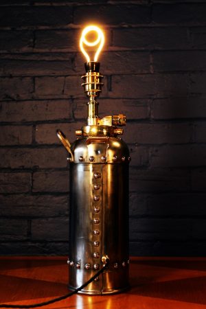 Steel and brass riveted fire extinguisher table lamp for sale 3
