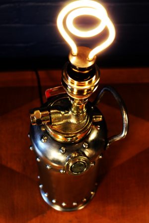Steel and brass riveted fire extinguisher table lamp for sale 9