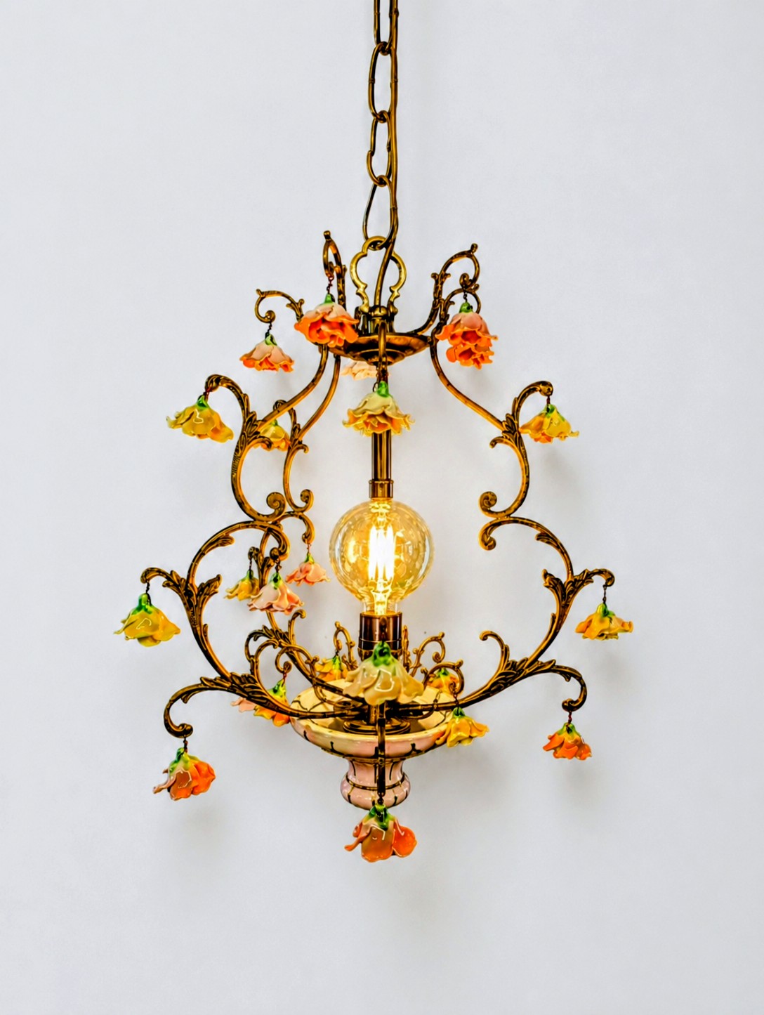 Spanish ceramic flower pendant light in brass